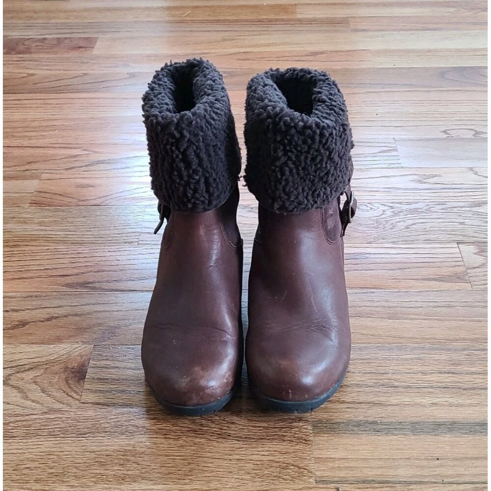 UGG Bellevue Brown Leather & Genuine Sheepskin Boots Sz 8.5 Womens Ankle Bootie